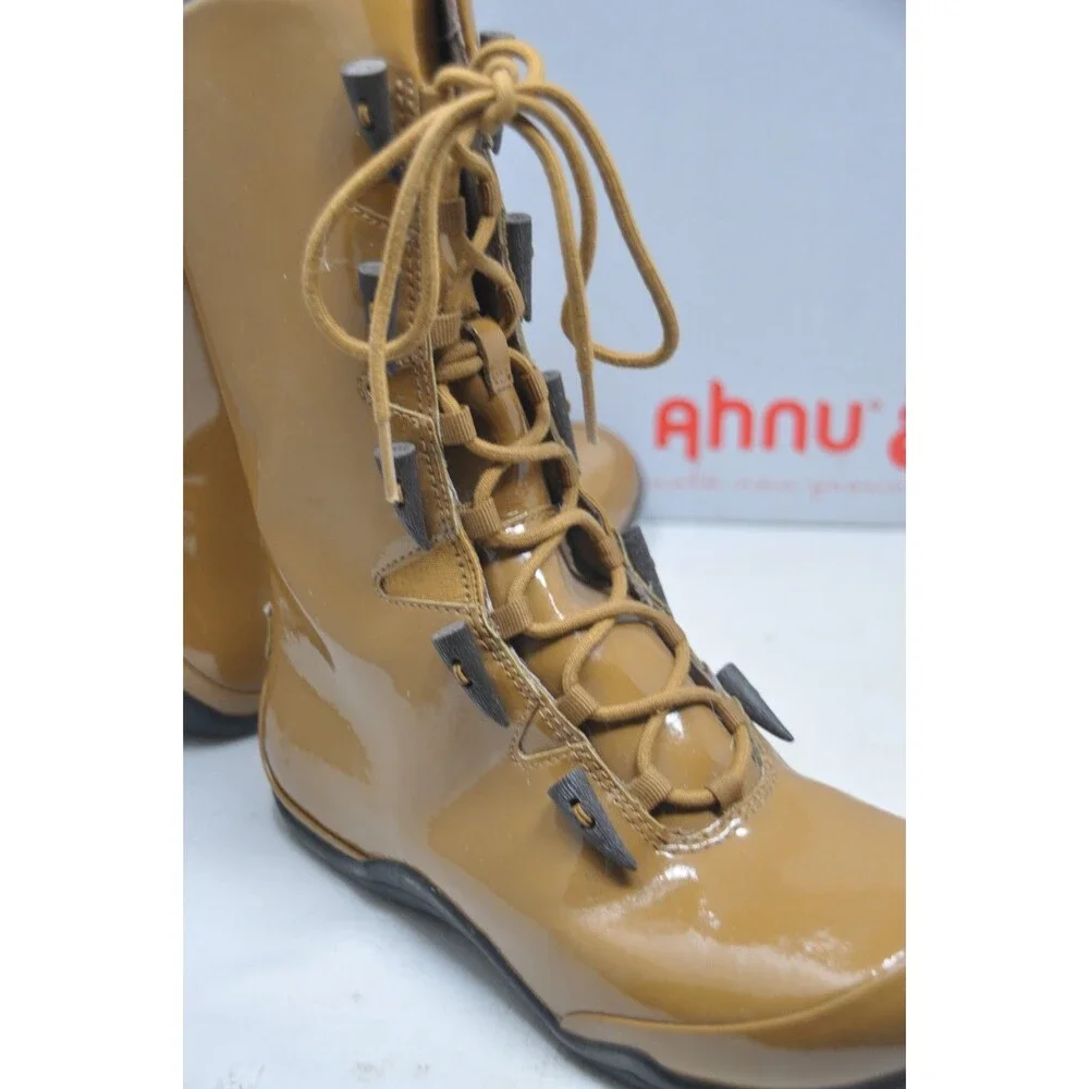 Ahnu Womens Patent Leather Boots Shoes Brown Side Zip Lace Up Size 9